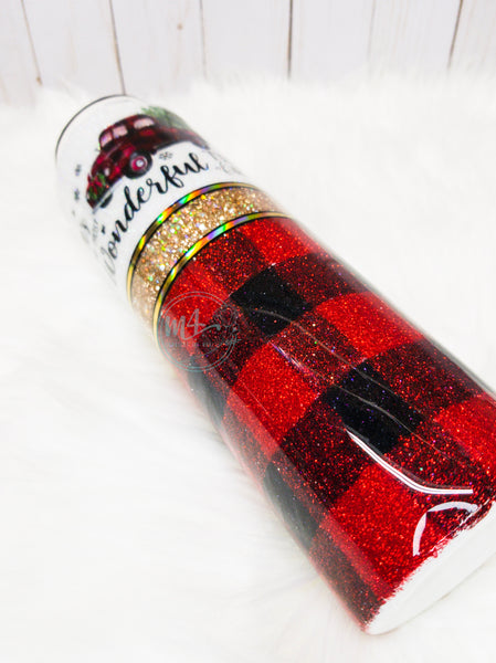 Vintage Truck with Christmas Trees and Plaid Tumbler